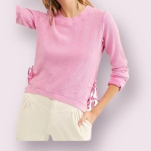 Free People interlaced side tie waffle thermal cropped top Pink Long Sleeve